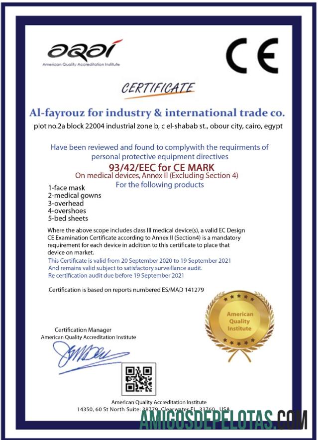 Certificado CE do Instituto de Qualidade dos EUA exemplo