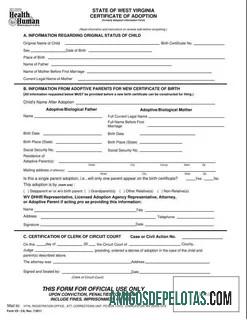 Certificado de adoção do cartório de registro dos EUA na Virgínia Ocidental modelo