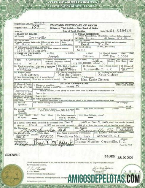 Em branco modelo de certidão de óbito do estado da Carolina do Sul dos EUA em formato PSD