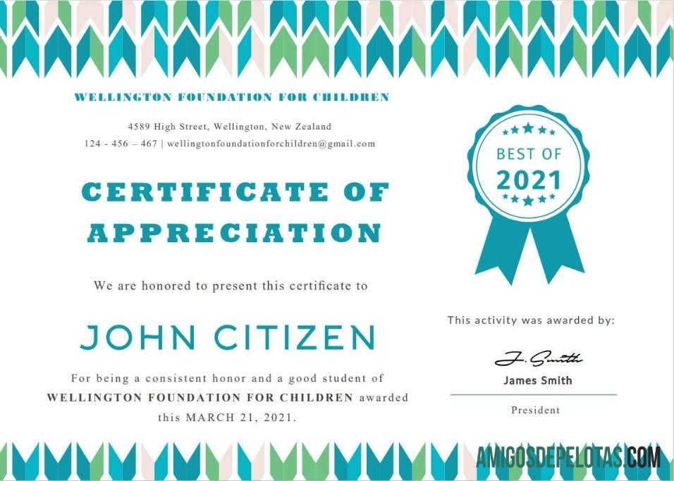 Certificado de Apreciação de Estudante dos EUA exemplo