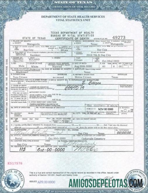 para download Modelo de certidão de óbito do estado do Texas nos EUA em formato PSD, totalmente editável, versão 2