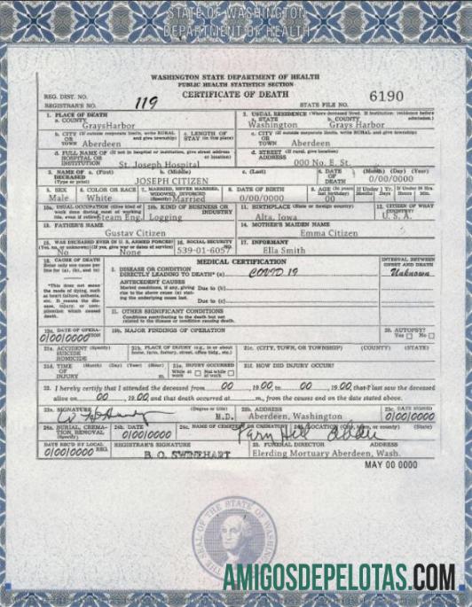 Imprimível modelo de certidão de óbito do estado de Washington nos EUA em formato PSD