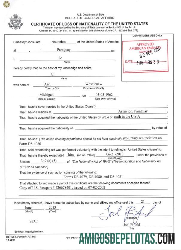 Certificado de perda de nacionalidade dos EUA exemplo real