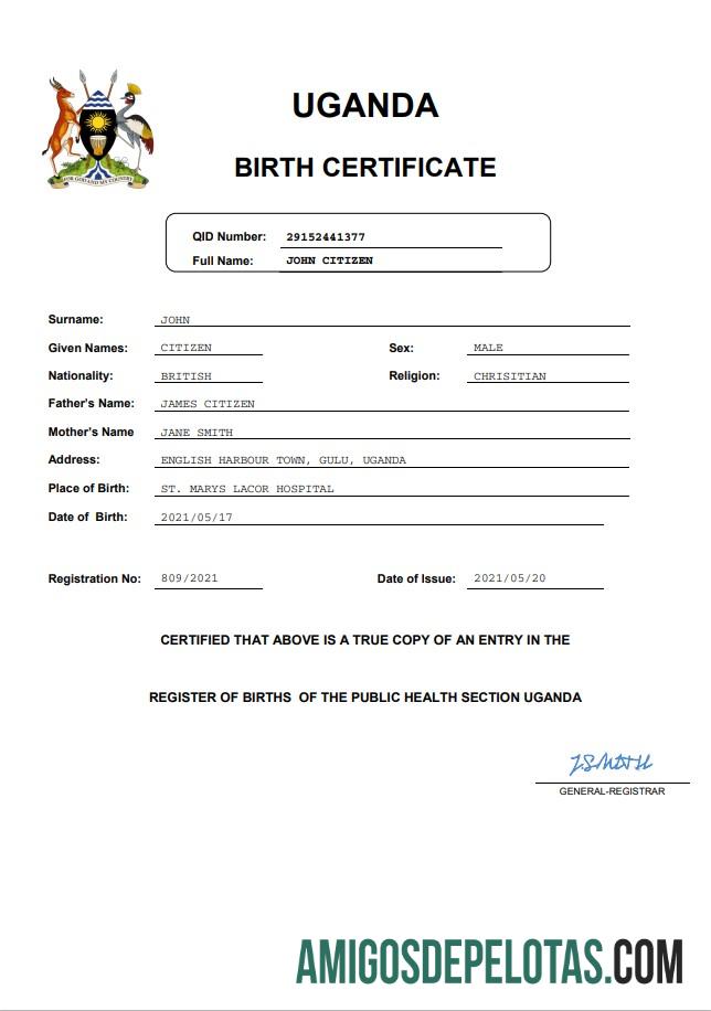 para download Modelo Word e PDF de certidão de nascimento de Uganda