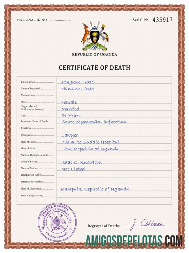 para download Modelo PSD de certidão de óbito de registro vital de Uganda