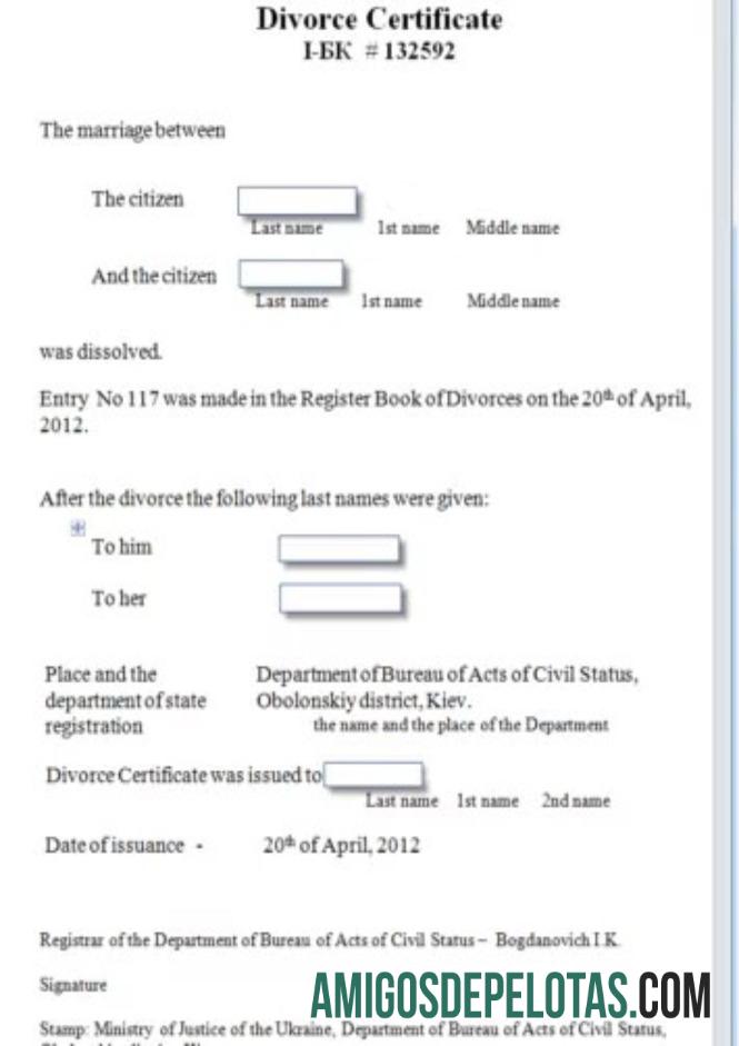 Certificado de divórcio do Departamento de Atos do Estado Civil da Ucrânia exemplo
