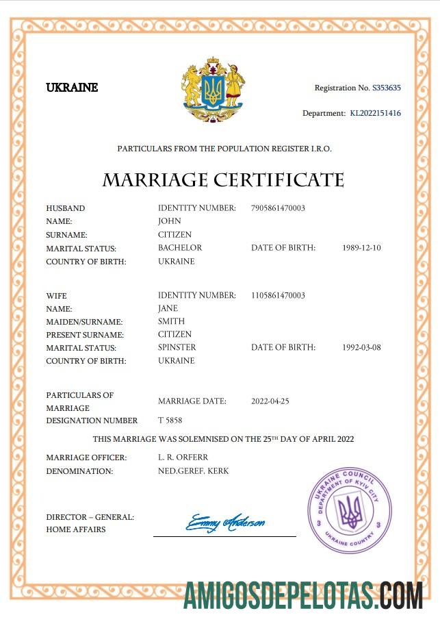 Em branco modelo Word e PDF de certidão de casamento na Ucrânia