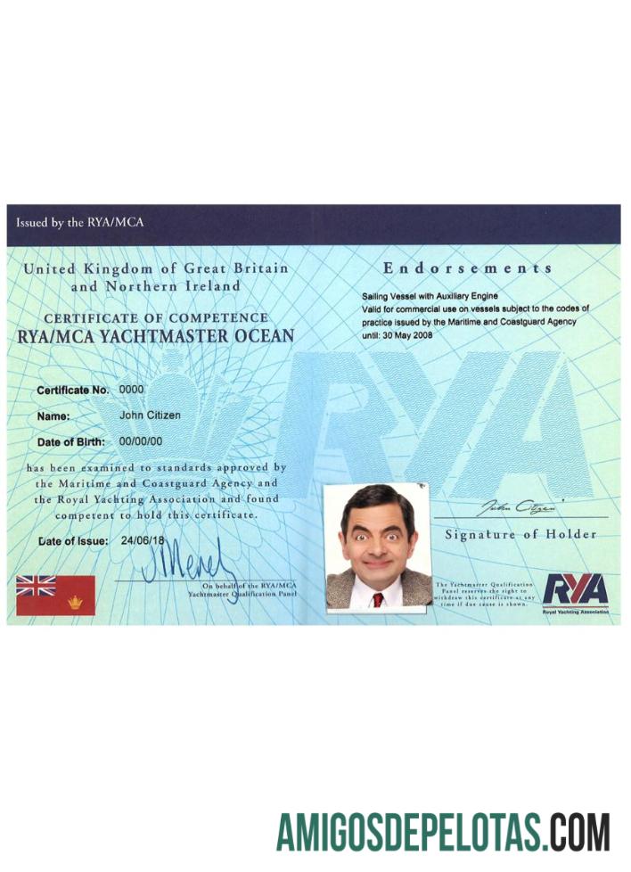 Amostra PSD de certificados de competência RYA Yachtmaster do Reino Unido amostra