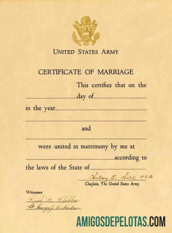 Certificado de Casamento do Exército dos Estados Unidos exemplo