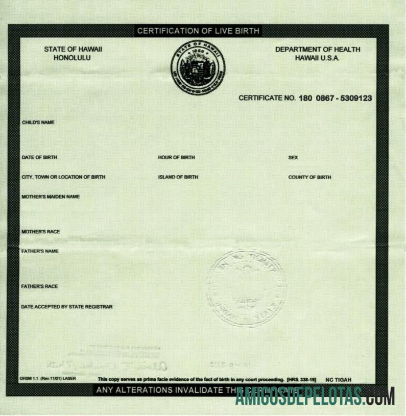 Certificação de nascimento do Departamento de Saúde dos Estados Unidos no Havaí baixar para verificação