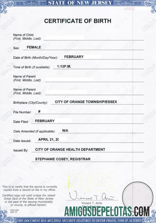 Certidão de nascimento do Departamento de Saúde de Nova Jersey dos Estados Unidos exemplo real