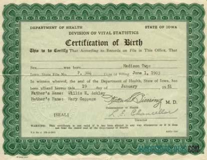 Certidão de nascimento da Divisão de Estatísticas Vitais de Iowa dos Estados Unidos modelo