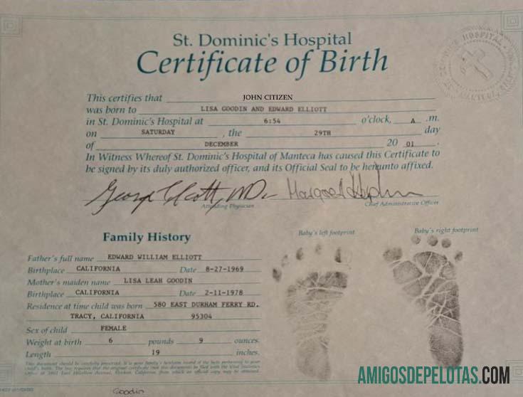 Certidão de Nascimento do Hospital St. Dominic dos Estados Unidos exemplo real