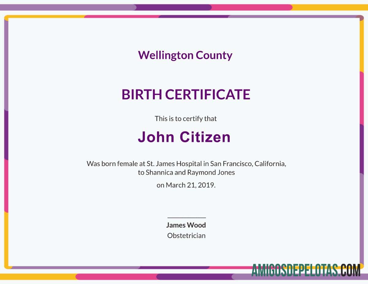 Certidão de nascimento do Hospital St. James dos Estados Unidos exemplo