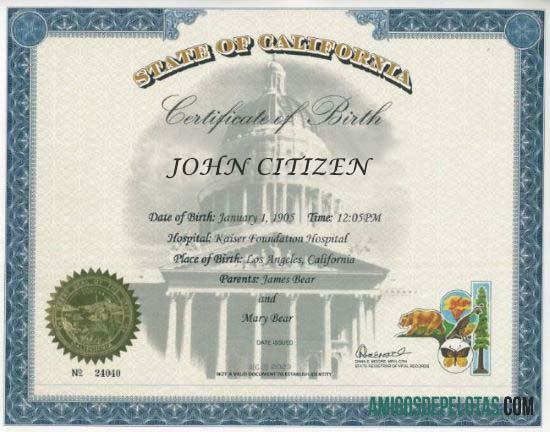 Certidão de Nascimento do Estado da Califórnia nos Estados Unidos exemplo