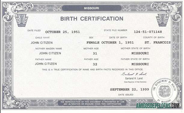 Estados Unidos Certidão de Nascimento do Departamento de Saúde exemplo