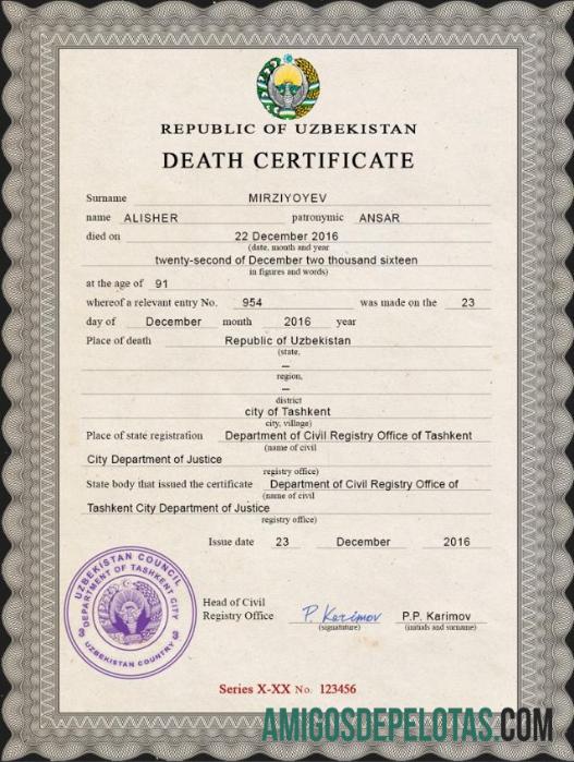Certidão de Óbito do Uzbequistão exemplo