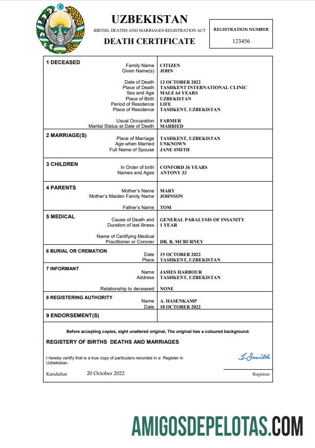 Em branco modelo Word e PDF de certidão de óbito de registro vital do Uzbequistão