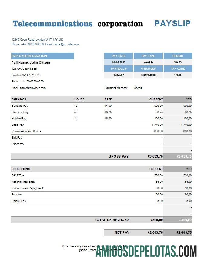 Demonstrativo de ganhos da Telecommunications Corporation em Excel e PDF exemplo real