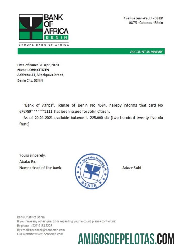 Referência do Benin Banco de África modelo