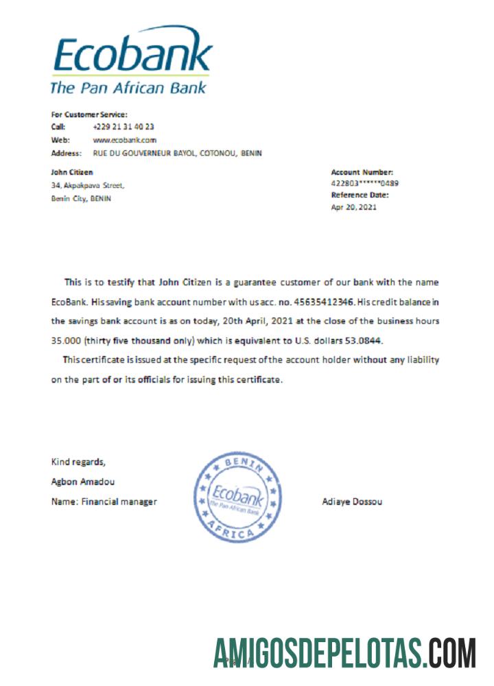 Referência do Ecobank do Benin exemplo real