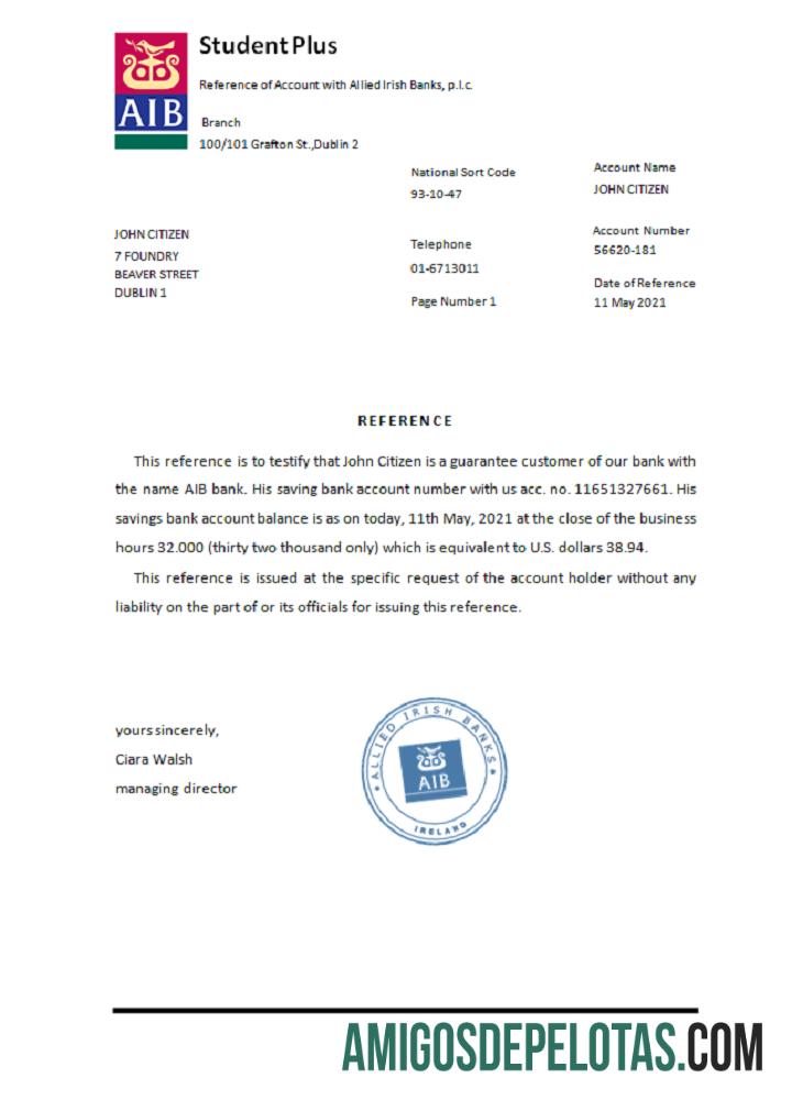 Referência AIB da Irlanda amostra