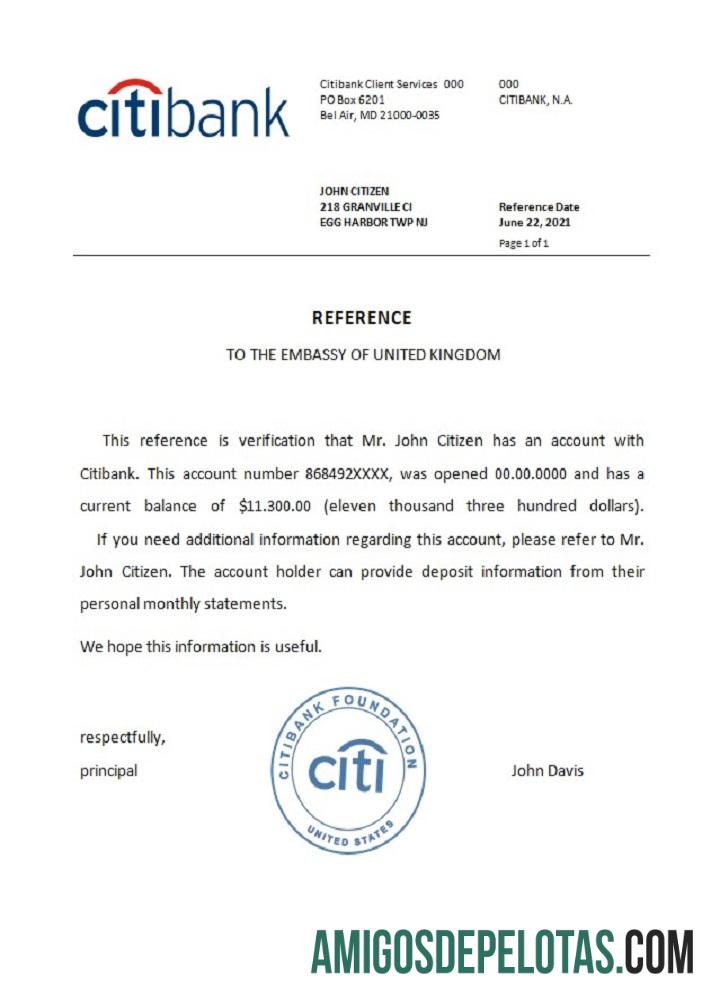 Referência do Citibank dos EUA exemplo real