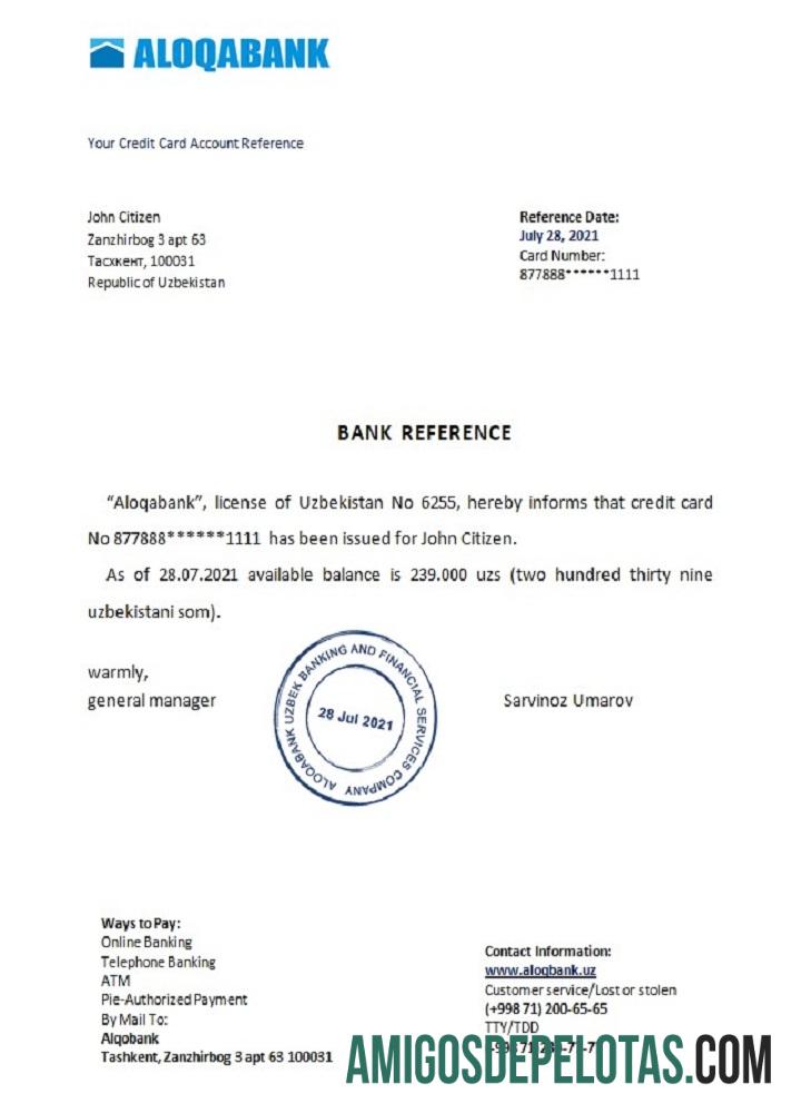 Referência do Uzbequistão Aloqabank modelo